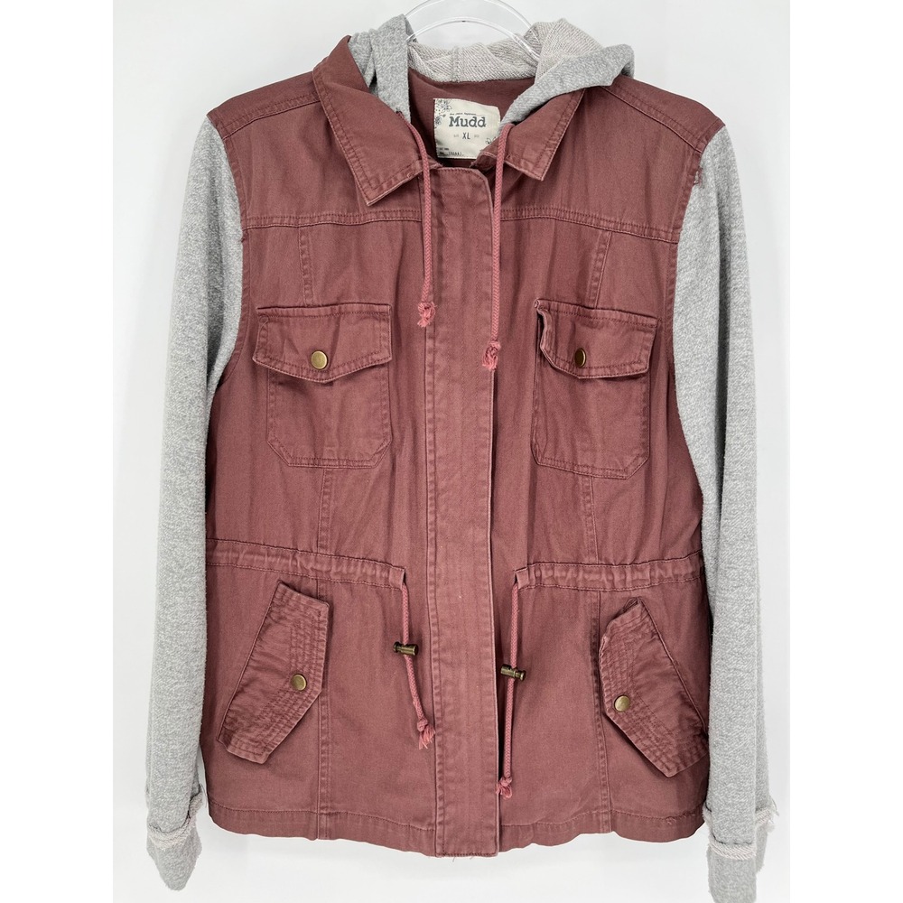 MUDD Utility Jacket Women XL Maroon Mixed Media Hooded Utility Anorak Gorpcore